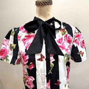 Unique Vintage Cora Swing Dress Women Large Black Pink Roses Stripe Bow Pinup